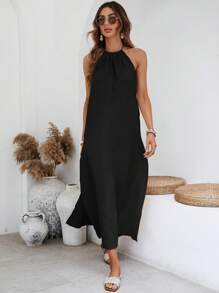 SHEIN VCAY Sping Solid Split Thigh Halter Backless Black Long Dress