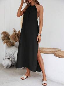 SHEIN VCAY Sping Solid Split Thigh Halter Backless Black Long Dress