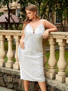 D&M 大碼前交叉亮片吊帶連衣裙 - 銀色 - 查看 4