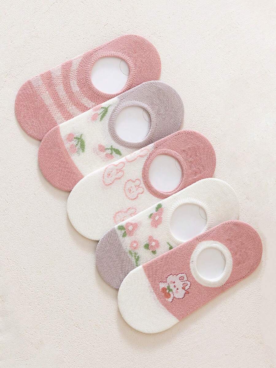 5雙女孩兔子和花朵圖案織物船襪適用於日常生活 - 彩色 - 查看 1