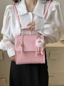 迷你極簡翻蓋背包附包飾 - 粉色 - 查看 2