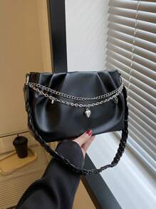 小方包抽褶細節鏈條和愛心裝飾 - 黑色 - 查看 1