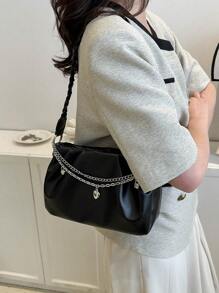 小方包抽褶細節鏈條和愛心裝飾 - 黑色 - 查看 2