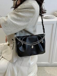 小方包抽褶細節鏈條和愛心裝飾 - 黑色 - 查看 4