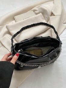 小方包抽褶細節鏈條和愛心裝飾 - 黑色 - 查看 5