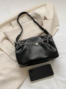 小方包抽褶細節鏈條和愛心裝飾 - 黑色 - 查看 6