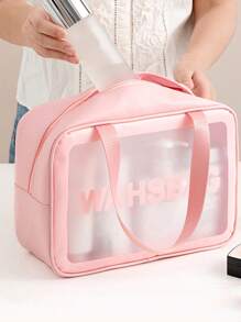 1Pc Letter Graphic Pu Waterproof Makeup Bag,Makeup Bag Makeup Pouch Skincare Bag Toiletry Bag Packing Cubes,Travel Essentials Cruise Essentials Dorm Essentials,Wedding Bridesmaid Gifts,Mom Gifts,Birthday Gifts,Gifts For Friends And Teachers,Home Decor,Bathroom Livingroom Bedroom Decor,Bathroom Organizer,Jewelry Organizer,Lip Oil Organizer,Nail Polish Organizer - Pink - View 3