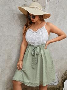 SHEIN Frenchy 大碼波西米亞腰帶 蕾絲拼接撞色連衣裙 - 彩色 - 查看 3