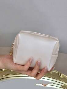 1pc Plain Square Makeup Bag, White Mini Portable Storage Bag For Household - White - View 1