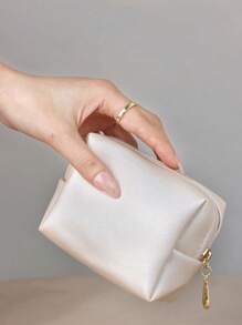 1pc Plain Square Makeup Bag, White Mini Portable Storage Bag For Household - White - View 2