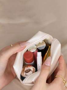 1pc Plain Square Makeup Bag, White Mini Portable Storage Bag For Household - White - View 3