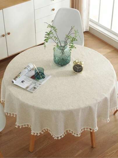 Tassel Decor Tablecloth, Beige Round Polyester Table Cover For Home