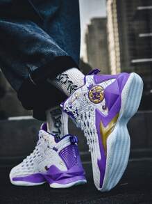 Men Breathable Color Block Letter Graphic Lace-up Front Basketball Shoes, Sporty Outdoor Sneakers - Multicolor - View 1