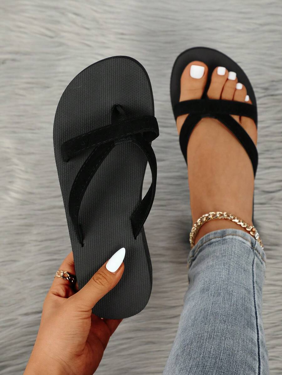 Women's Summer Casual Fashion Flip Flops, Black Flocked Non-Abrasive ...