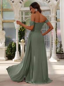 Faeriesty Elegant Satin Off-Shoulder Evening Gown With High-Slit Hem | Perfect For Bridesmaids, Evening Parties, Luxury Weddings, Galas, Or Red Carpet Appearances Bridesmaid Dress