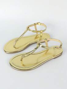 Women Metallic Slingback Thong Sandals, Glamorous Summer Flat Sandals - Gold - View 4