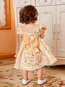 SHEIN Baby Baroque Print Puff Sleeve Dress - Multicolor - View 2