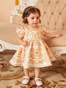SHEIN Baby Baroque Print Puff Sleeve Dress - Multicolor - View 1