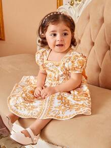 SHEIN Baby Baroque Print Puff Sleeve Dress - Multicolor - View 3