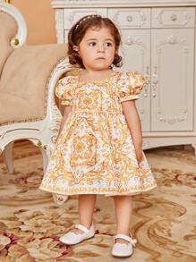 SHEIN Baby Baroque Print Puff Sleeve Dress - Multicolor - View 4