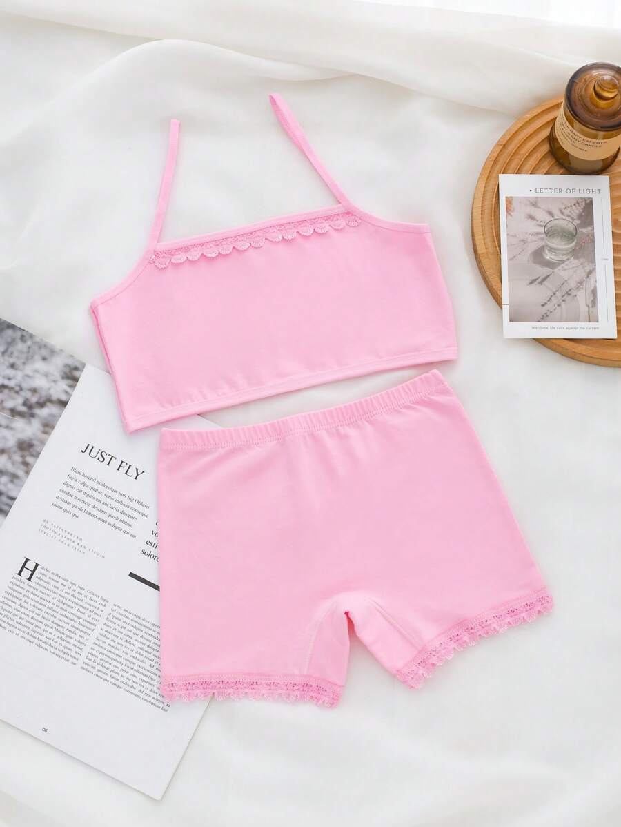 Tween Girl Lace Trim Cami Wireless Bra & Panty Set - Baby Pink - View 1