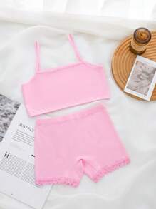 Tween Girl Lace Trim Cami Wireless Bra & Panty Set - Baby Pink - View 2