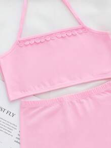 Tween Girl Lace Trim Cami Wireless Bra & Panty Set - Baby Pink - View 3