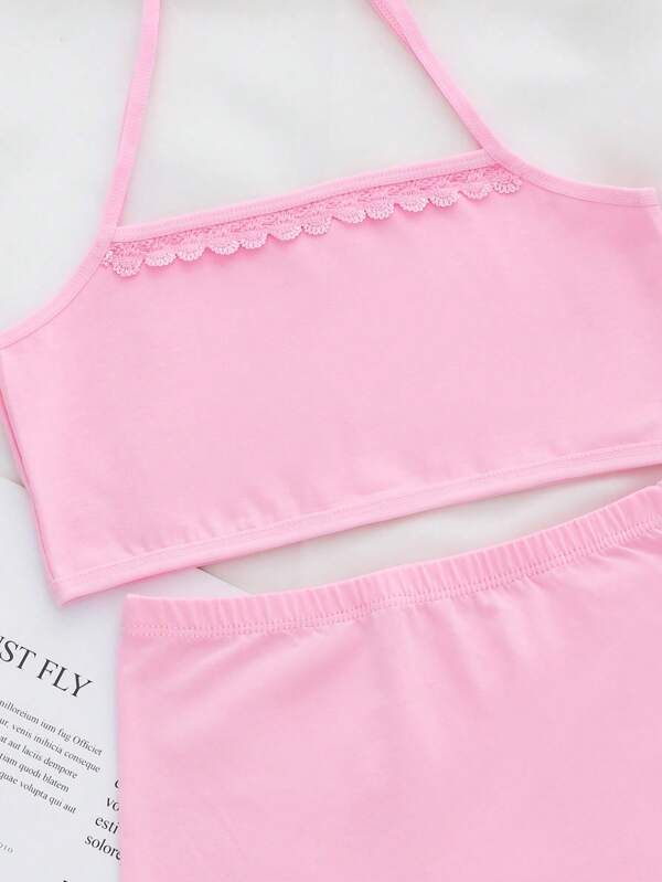 Tween Girl Lace Trim Cami Wireless Bra & Panty Set SHEIN USA