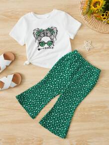 SHEIN Leap Crew 嬰兒女孩人物圖形t恤和迷你花朵喇叭褲 - 彩色 - 查看 1