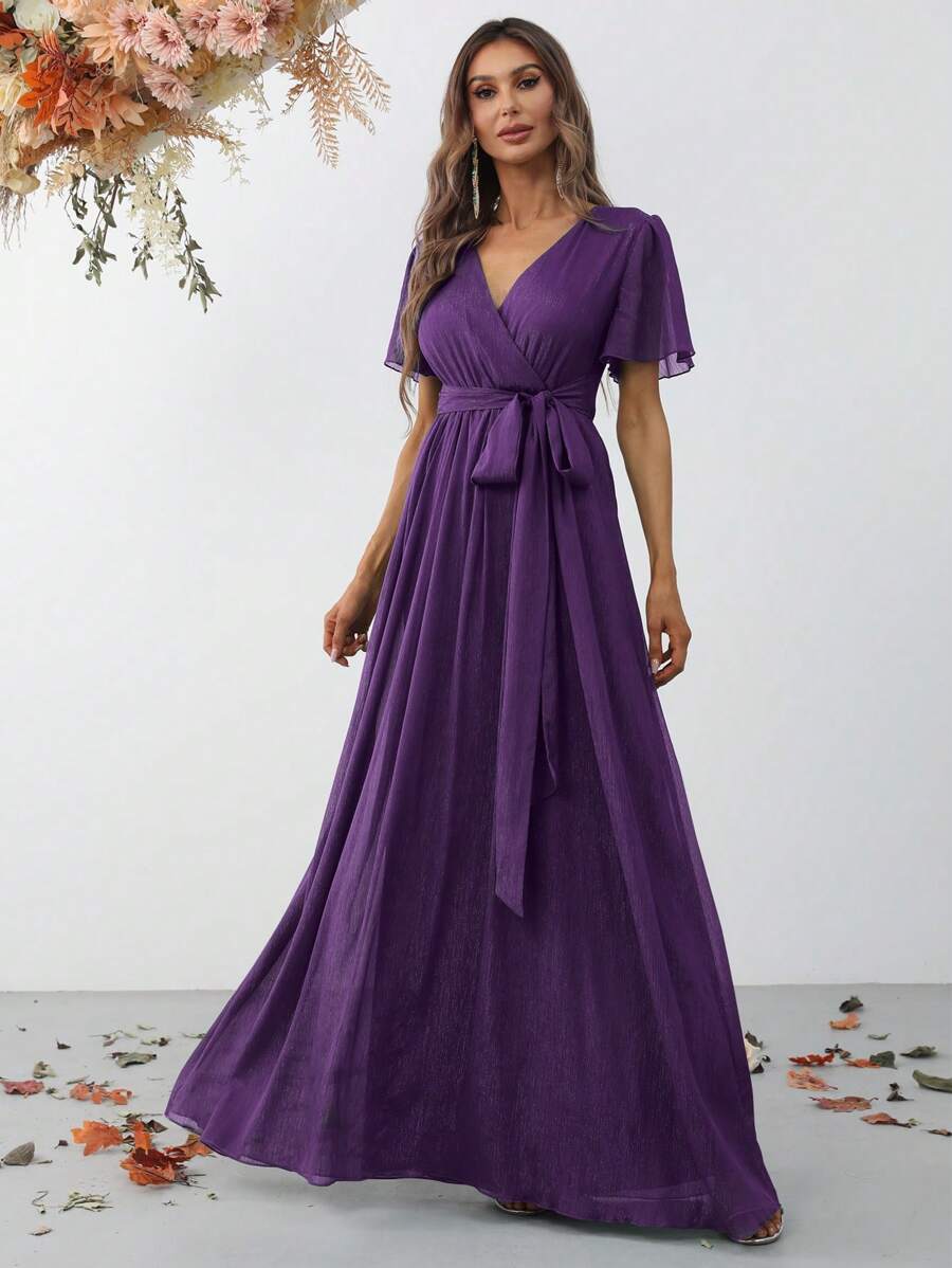 Đầm Thắt lưng Trọn gói màu trơn Thanh lịch - Màu tím - Xem 1