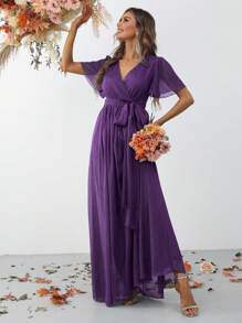 Đầm Thắt lưng Trọn gói màu trơn Thanh lịch - Màu tím - Xem 6