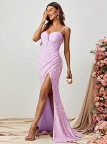 Split Thigh Sequin Cami Dress - Lilac Purple - View 1