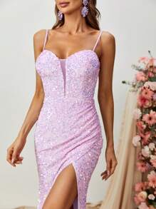 Split Thigh Sequin Cami Dress - Lilac Purple - View 5