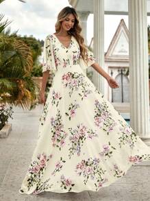 Floral Print Butterfly Sleeve Ruffle Hem Dress - Yellow - View 1