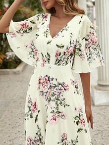 Floral Print Butterfly Sleeve Ruffle Hem Dress - Yellow - View 3