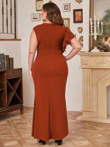 CurvySweet 大碼荷葉邊高衩連衣裙 - 亮橙色 - 查看 2