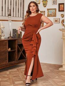 CurvySweet 大碼荷葉邊高衩連衣裙 - 亮橙色 - 查看 3