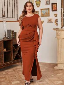 CurvySweet 大碼荷葉邊高衩連衣裙 - 亮橙色 - 查看 6