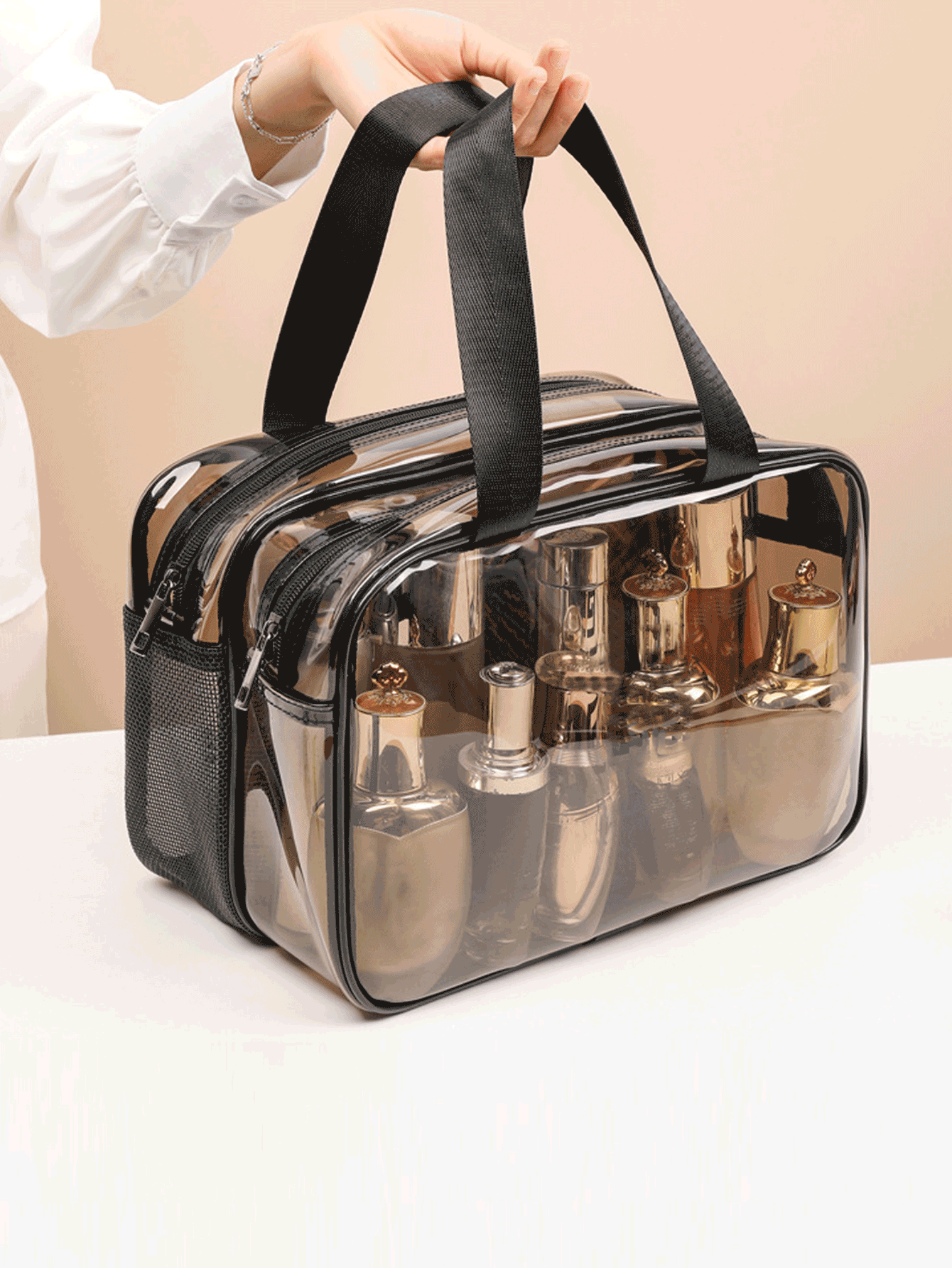 1Pc Transparent Waterproof Pvc Makeup Bag With Portable And Suitable For Travel, Boarding, Home Storage, Etc.Makeup Bag Makeup Pouch Skincare Bag Toiletry Bag Packing Cubes, Travel Essentials Cruise Essentials Dorm Essentials, Wedding Bridesmaid Gifts, Mom Gifts, Birthday Gifts, Gifts For Friends And Teachers, Home Decor, Bathroom Living Room Bedroom Decor - Grey - View 2