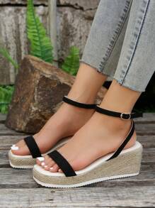 Vakantie sleehaksandalen met enkelbandje voor dames, espadrille-sandalen met sleehak van imitatiesuède