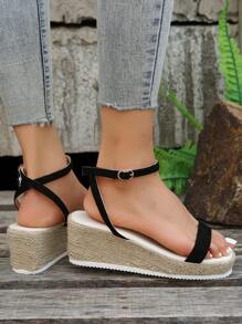 Vakantie sleehaksandalen met enkelbandje voor dames, espadrille-sandalen met sleehak van imitatiesuède