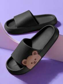 Fashionable Slides For Women, Cartoon Bear Pattern Single Band EVA Slippers - Black - View 1