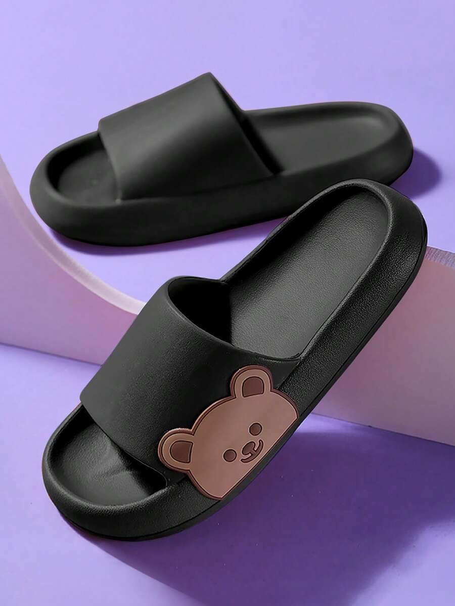 Fashionable Slides For Women, Cartoon Bear Pattern Single Band EVA Slippers - Black - View 1