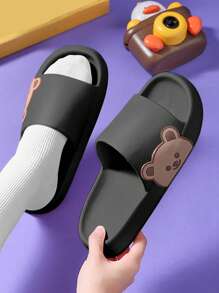Fashionable Slides For Women, Cartoon Bear Pattern Single Band EVA Slippers - Black - View 4