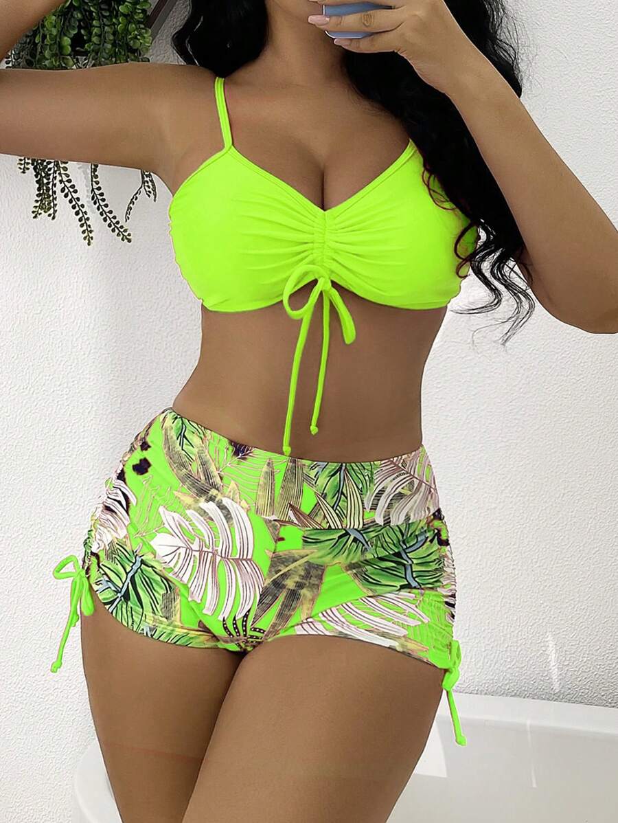 SHEIN Swim Summer Beach Tropical Print Drawstring Bikini Set - Lime Green - View 1