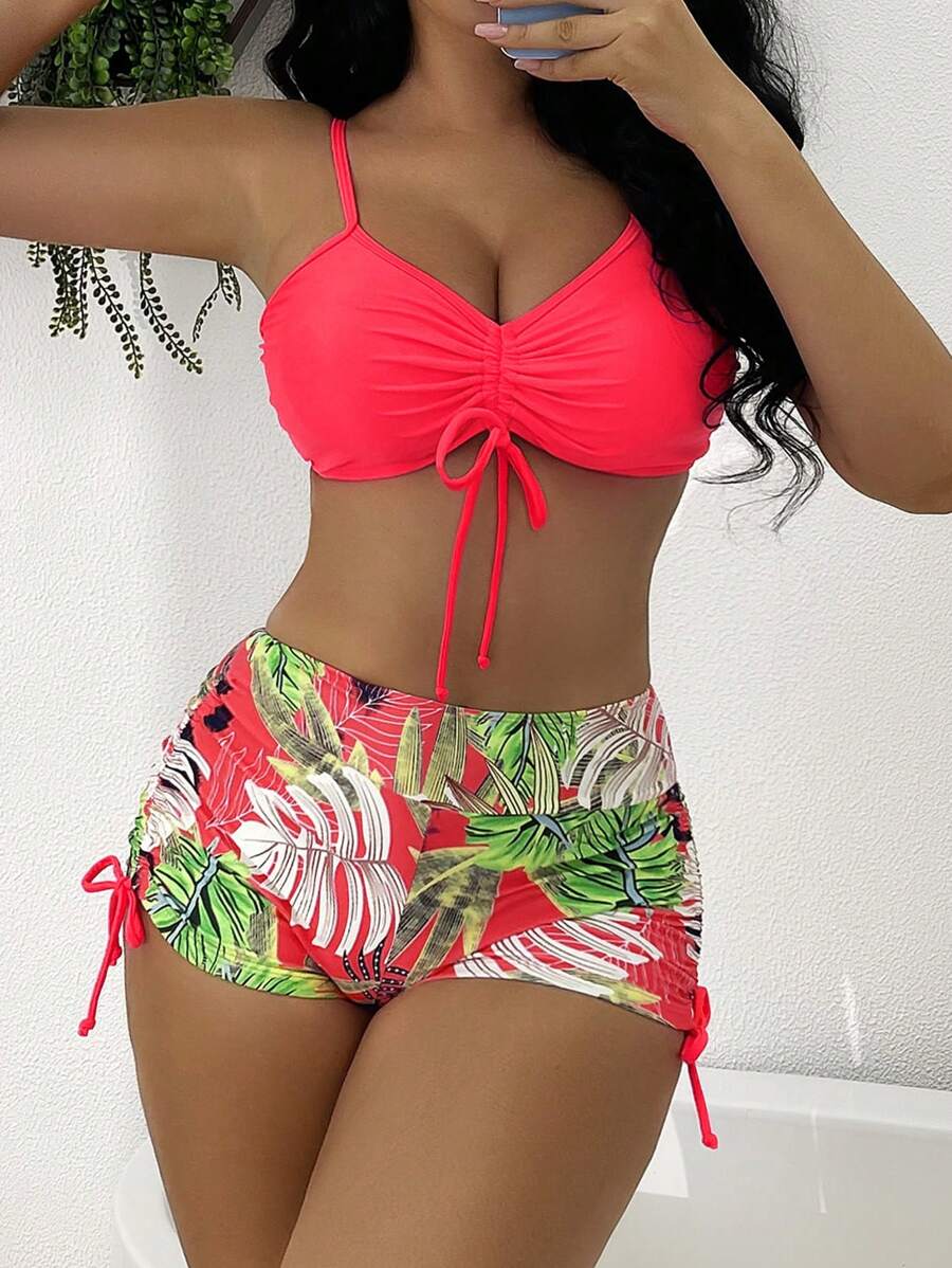 SHEIN Swim 熱帶圖案抽繩比基尼泳裝 - 彩色 - 查看 1