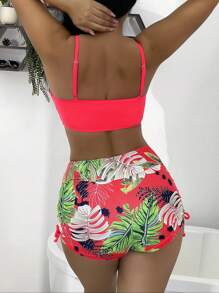 SHEIN Swim 熱帶圖案抽繩比基尼泳裝 - 彩色 - 查看 2