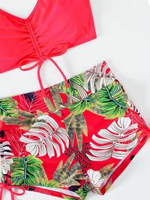 SHEIN Swim 熱帶圖案抽繩比基尼泳裝 - 彩色 - 查看 5