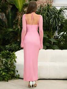 PARTHEA 吊脖鏤空高衩網紗緊身連衣裙 - 粉色 - 查看 2