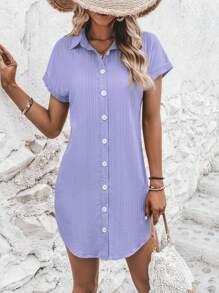 SHEIN LUNE 素色蝙蝠袖前紐扣襯衫洋裝 - 紫色 - 查看 6